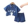 2025 Boys' Korean Style Denim Bear Short Sleeve Two-Piece Summer Set