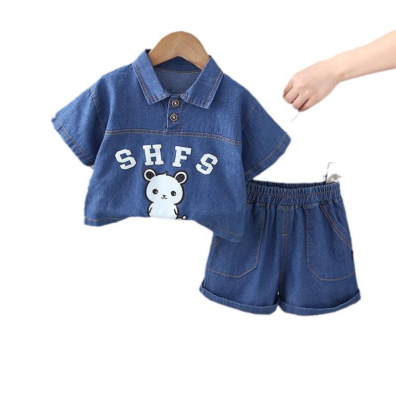 2025 Boys' Korean Style Denim Bear Short Sleeve Two-Piece Summer Set