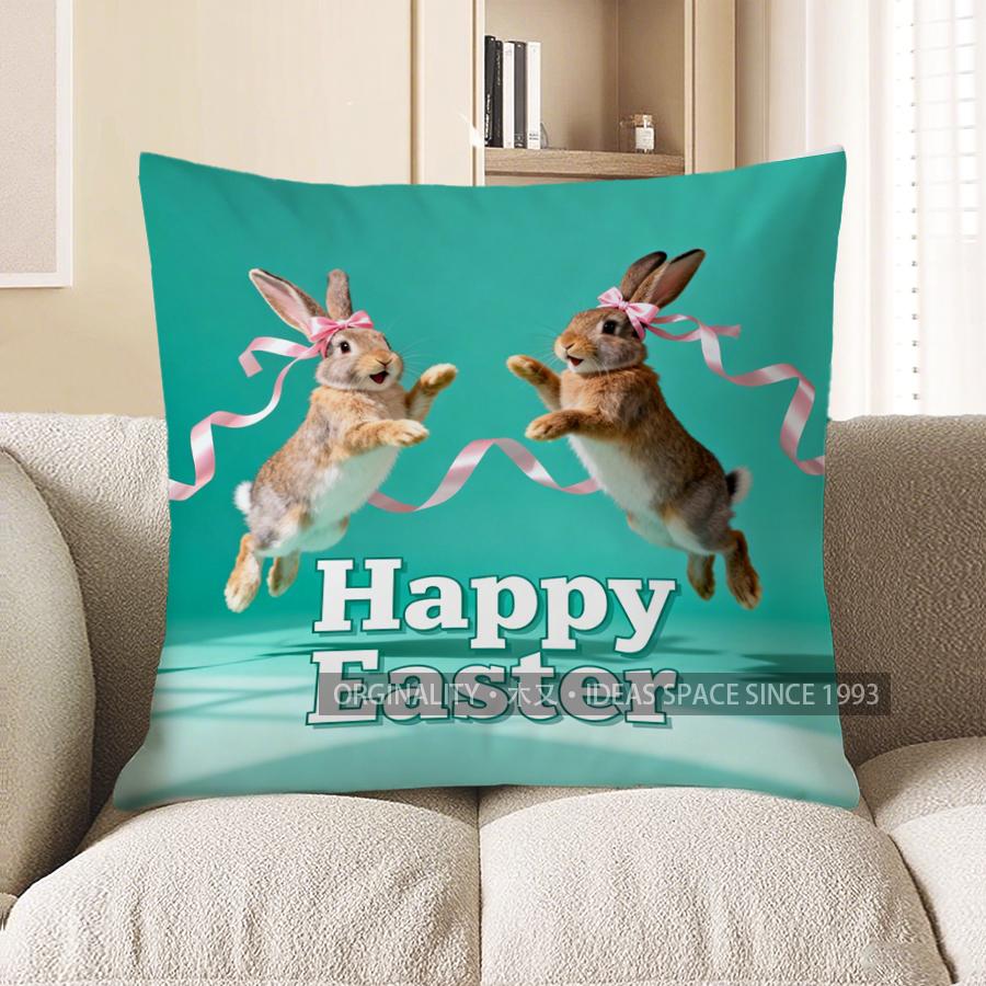 

2D Happy Easter Rabbits Jumping With Ribbons Pattern Cushion Cover Suitable For Sofa Bedroom Car Pillow Cover 40x40cm