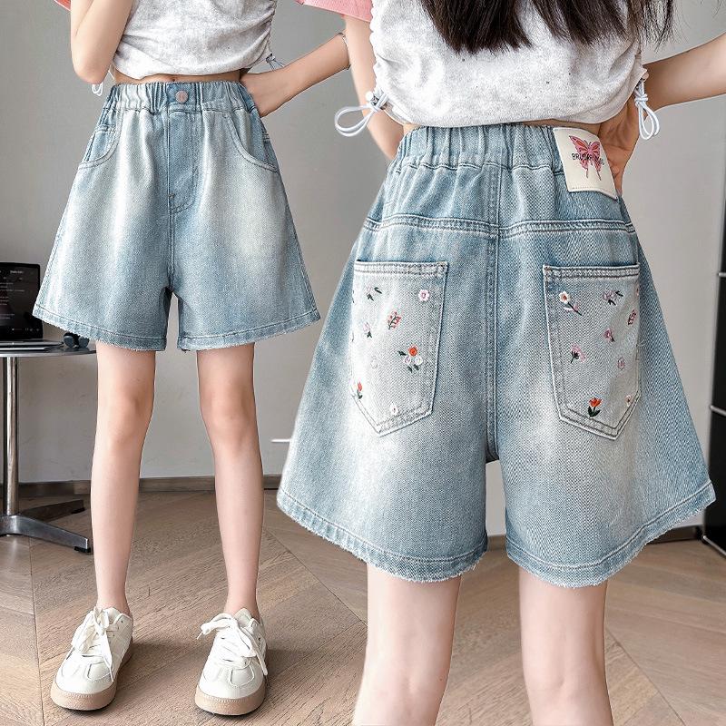 2025 New Girls' Embroidered Denim Summer Shorts: Stylish & Lightweight Five-Point Design for Big Girls