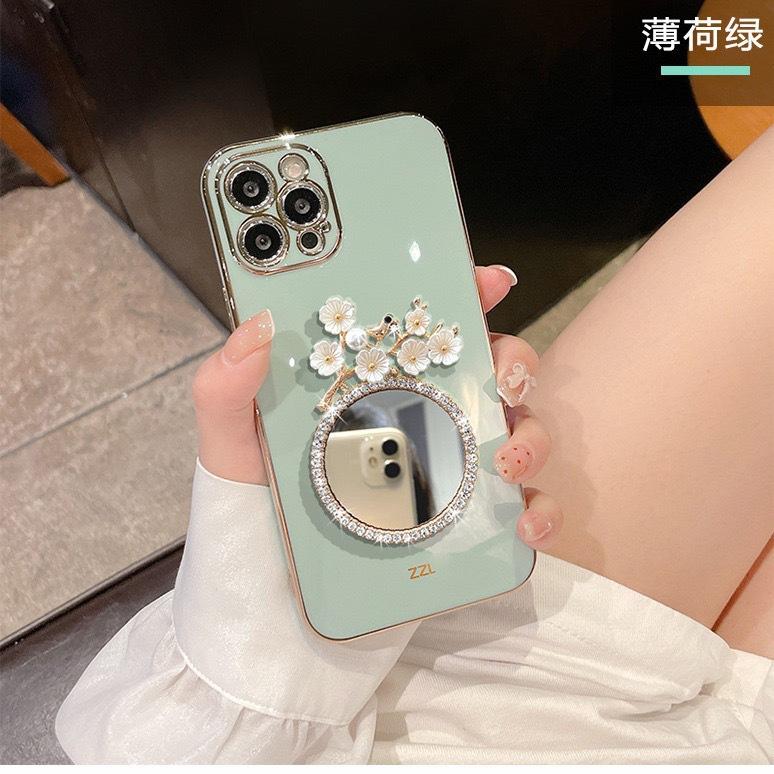 Flower mirror new iPhone15promax Apple 13 mobile phone case 16pro all-inclusive 14 soft case 12 women 11