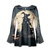 Women's Halloween Print V-Neck Long Sleeve T-Shirt with Sleeves and Pleated Button Front