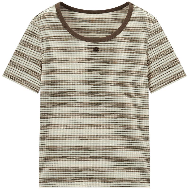Women s Contrast Stripe Round Neck T-Shirt M светлый кофейный полосатый