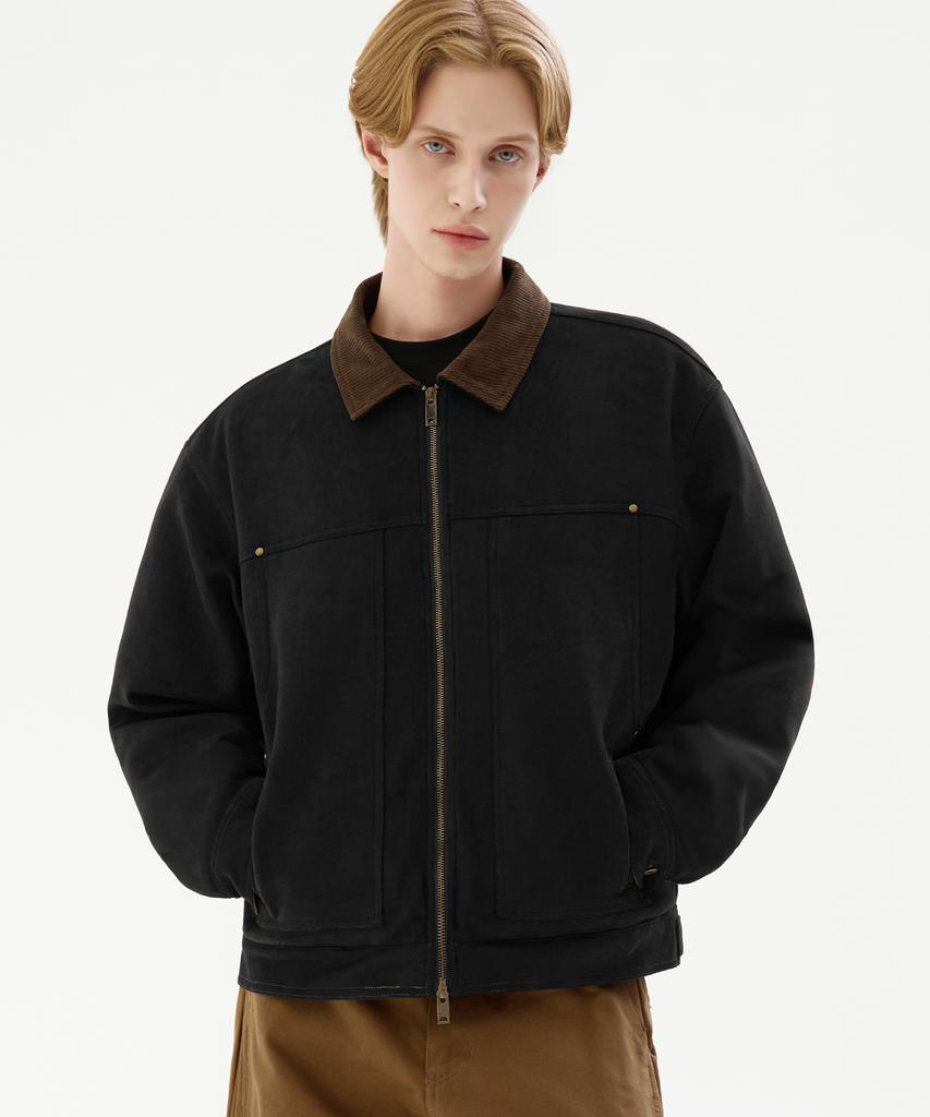 Trillion Corduroy Collar Suede Zip-Up Work Jacket [Black]