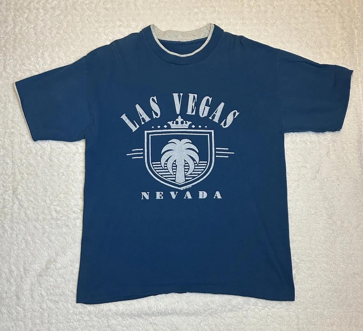 

VTG 90s 1993 Las Vegas Puff Print Blue Teal Double Lined Short Sleeve T Shirt L 3XL