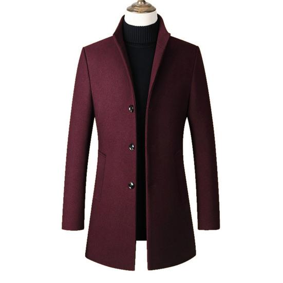 Men Fall Winter Trench Coat Stand Collar Single-breasted Straight Solid Color Long Sleeve Cardigan Thick Warm Pockets Mid Length Men Jacket