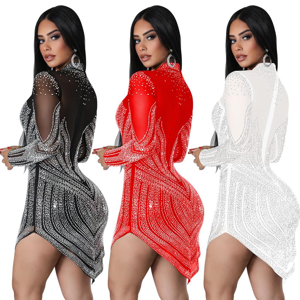 European & American Fashion Women's Solid Color Mesh Rhinestone Long Sleeve Mini Dress