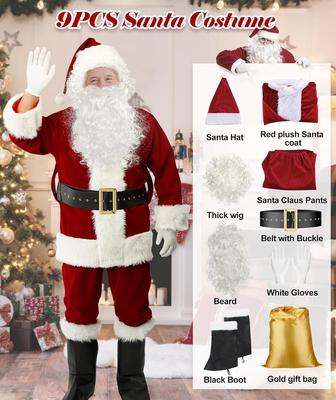 Weihnachtsmann Kostüm für Männer Frauen Erwachsene - 9-teilig. Deluxe Kostüm Weihnachtsmann Anzug Outfit