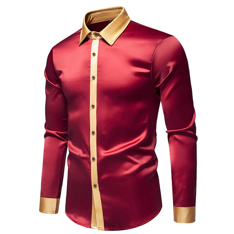 Cozy Up Spring Men's Satin Luxury Color Blocked Shirts Fashion Smooth Tuxedo Long Sleeve Shirt Wedding Party Prom Casual Shirt Business