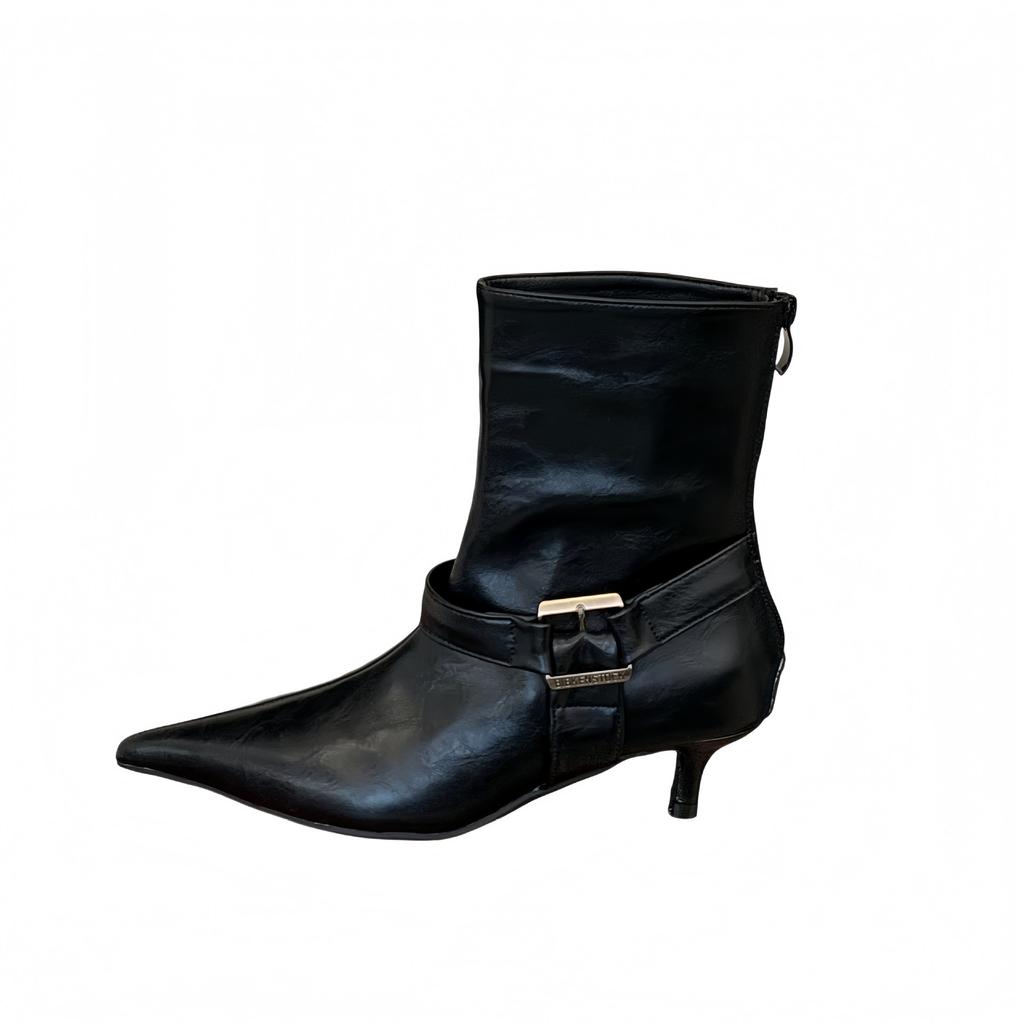 Pointed short boots women's autumn and winter new thin high-heeled belt buckle thin boots fashion boots