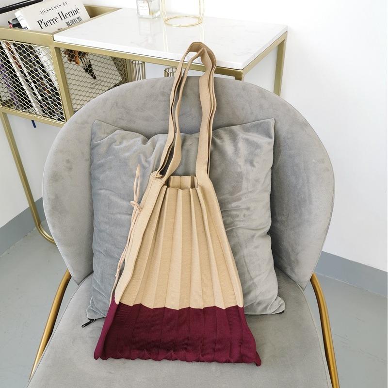 Shopping Bag Pleats Design Fold Contrast Color Wool Knit Shoulder Handbag Organ Bag Women Patchwork