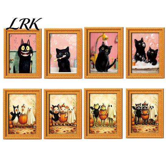 Cute Pumpkin Spooky Ornaments Wooden Black Cat Fridge Magnet, Seasonal Cartoon Kitchen Bathroom Decor, Autumn Home Decorations Theme Photo Frame