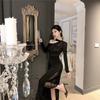 American Spice Girl Dress Women's Black Pure Wind Pinch Waist Hip Wrap Short Skirt One Shoulder Lace Off Shoulder Long Sleeve Women