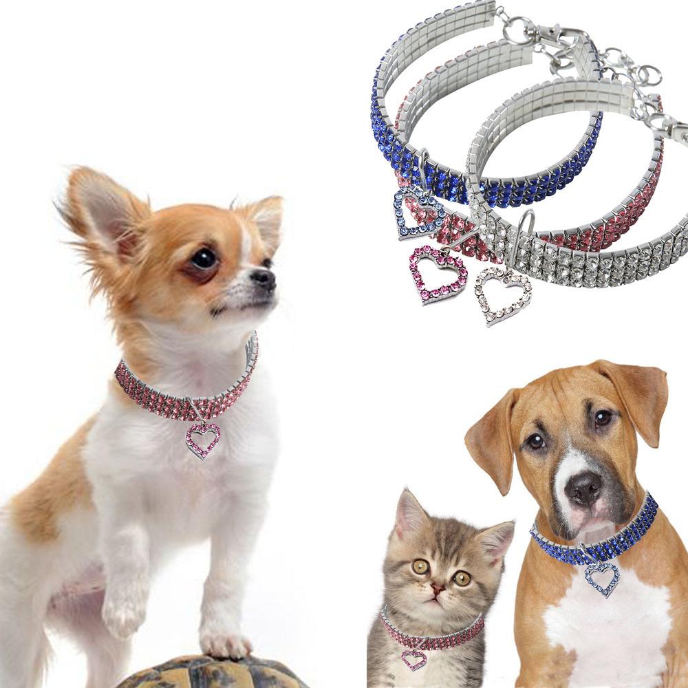 Heart Rhinestone Pet Collar for Dogs Cats, Crystal Diamond Pendant Necklace, Adjustable S M L, Blue White Pink Red