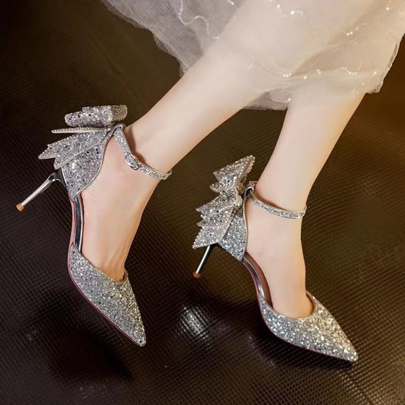Spring and Autumn New Crystal Diamond Silver Bow High Heels Women's Fine Heels Bridesmaid Wedding Shoes Women