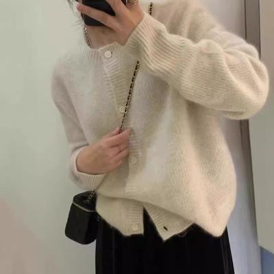 Autumn and Winter New Soft Waxy Knitted Cardigan Women's Round Neck Thickened Loose Versatile Knitted Sweater Jacket Women