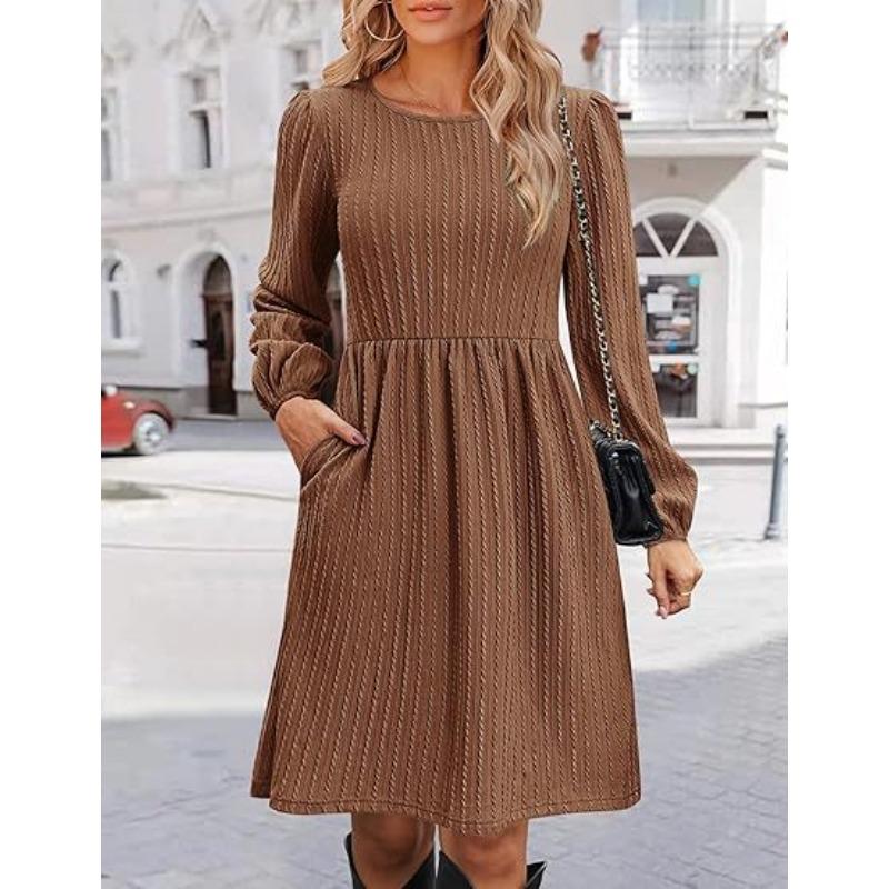 

Женский круглый вырез горловины с карманом вязаный свитер длинный рукав А-силуэт платье