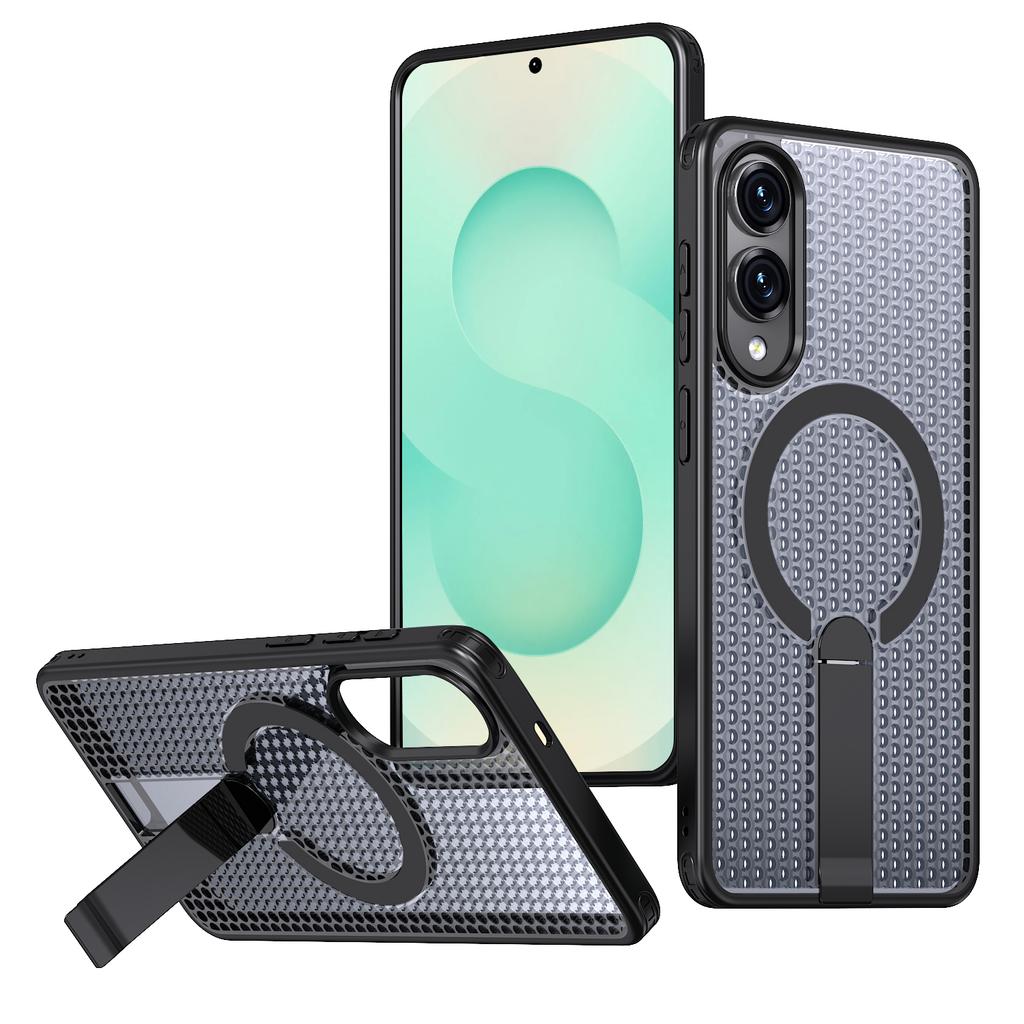 For Samsung Galaxy S25 Edge Magnetic Case Kickstand Grid Texture TPU PC Phone Back Cover