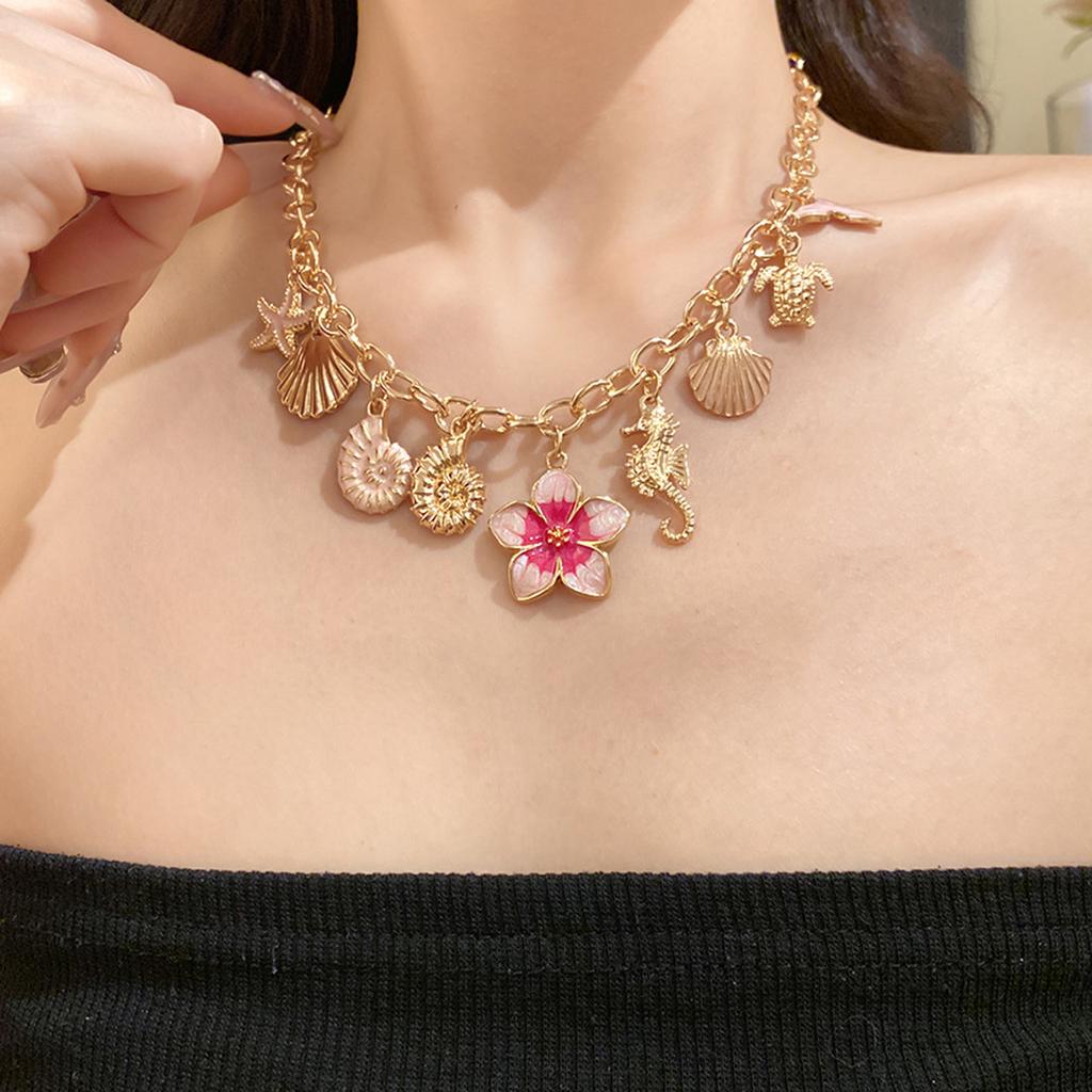 Ozean Serie Emaille Anhänger Halskette Damen Seestern Muschel Blume Halskette Retro Meeresküste Strand Urlaub Tägliche Schmuck Accessoires