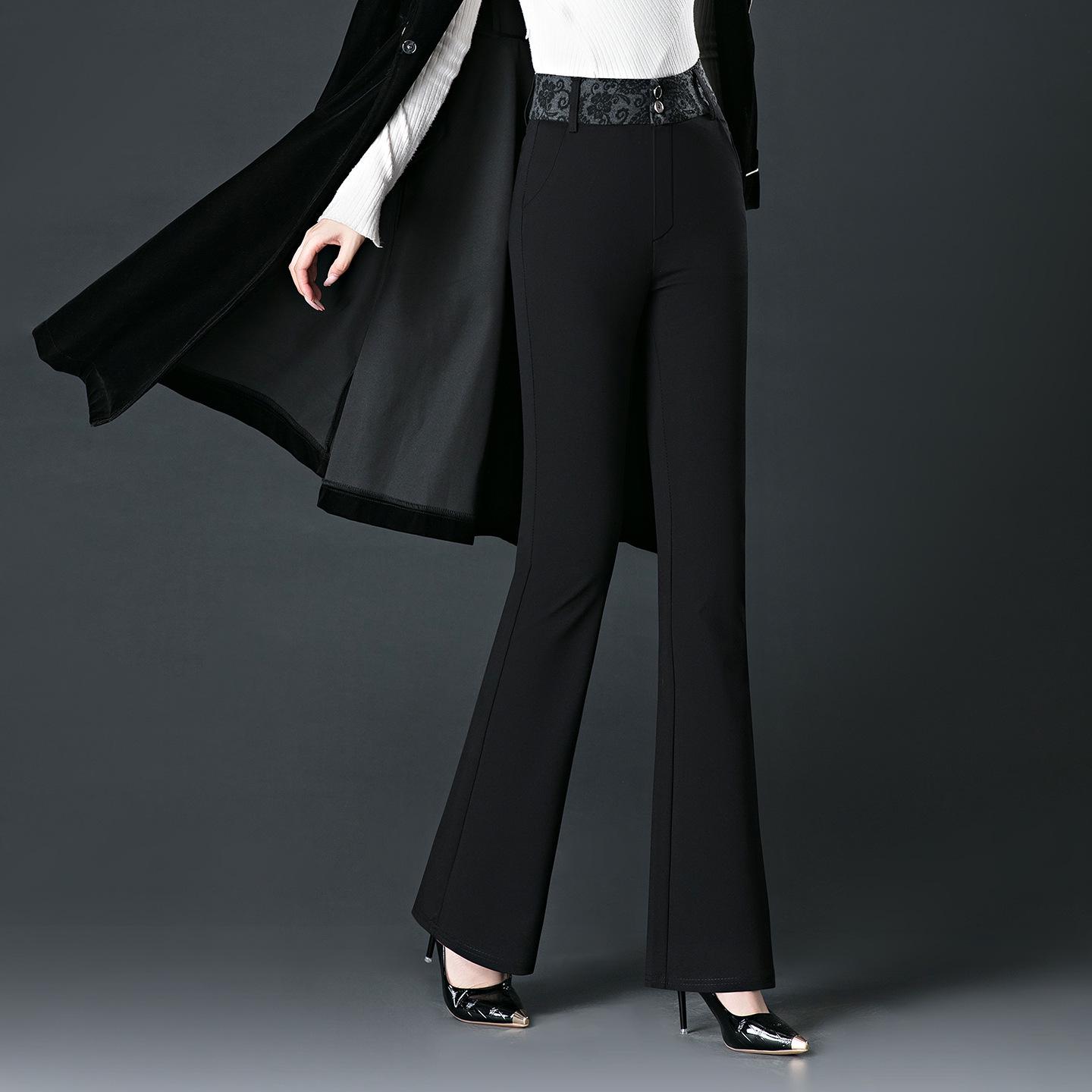 Spring/Autumn Women s High Waist Bell Bottom Knit Pants - Black, Plus Size, Slimming, Fashionable, Loose Fit 3XL