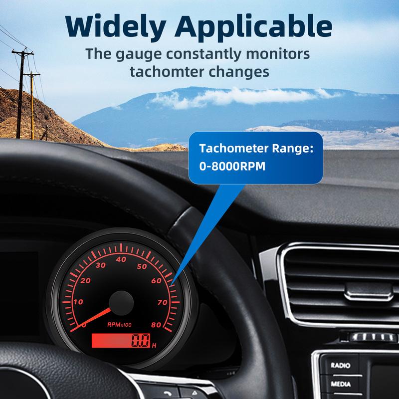 85mm Tachometer  Auto Marine RPM Meter Gauge 8000RPM REV Counter LCD Hourmeter with Red Backlights 12V 24V