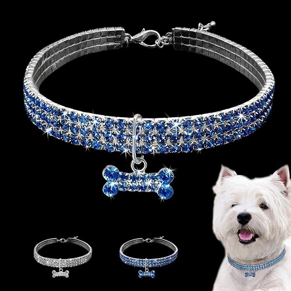 Chic Shiny Three Row Rhinestone Bone Pendant Puppy Dog Collar Pet Supply (Size:S,M,L)
