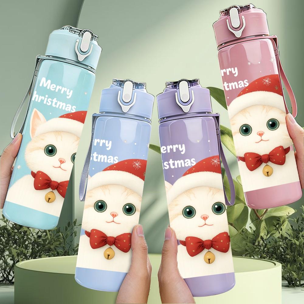 1PC Santa Cat Christmas Hat Pattern 750ml Color Plastic Sports Water Bottle Leakproof Flip Straw Lid Suitable for Sports Office Home Use
