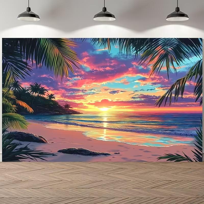 2D Tropical Sunset Beach Palm Leaf Photo Backdrop Seaside Nature Background 47.2x31.5inch/120*80cm