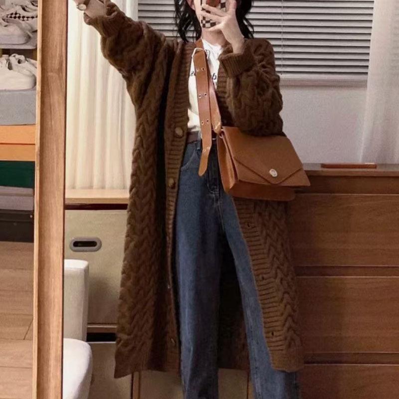 2025 Korean Style Plus Size Women's Long Wool Cardigan - Autumn/Winter, Long Sleeve, Mid-Length.