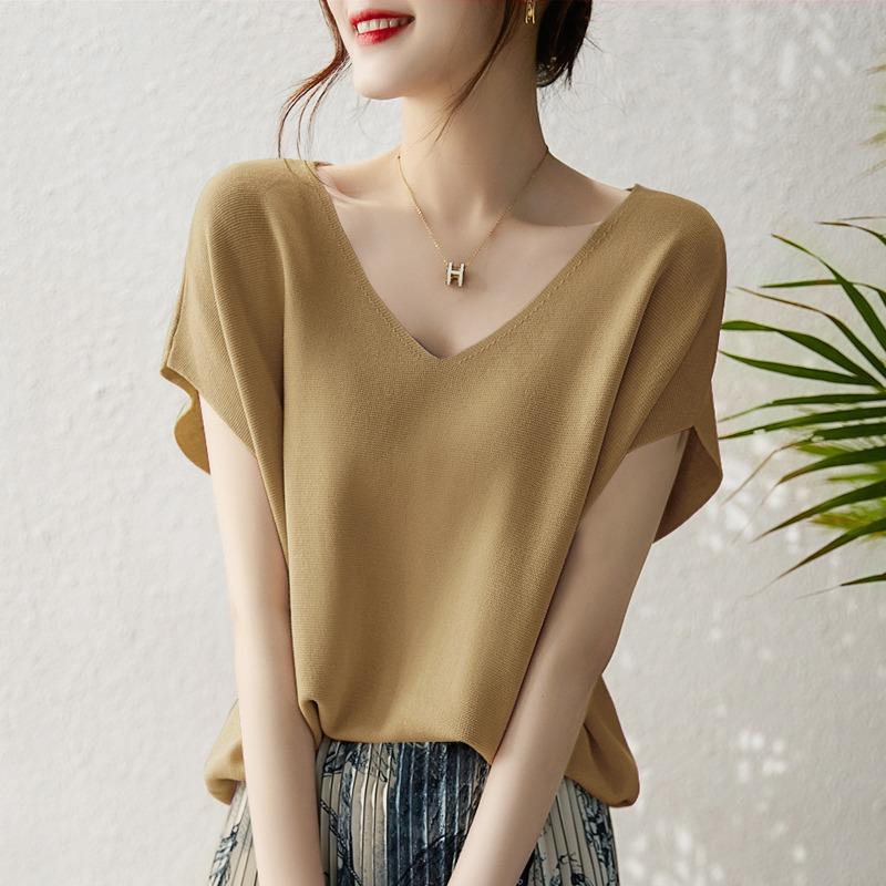 Summer New Thin Fashion Bat Sleeve Casual Loose Knitted Shirt Women Solid Elegant Ice Silk Blouse Women Simple Slim Office Ladies Shirts Tops 26633