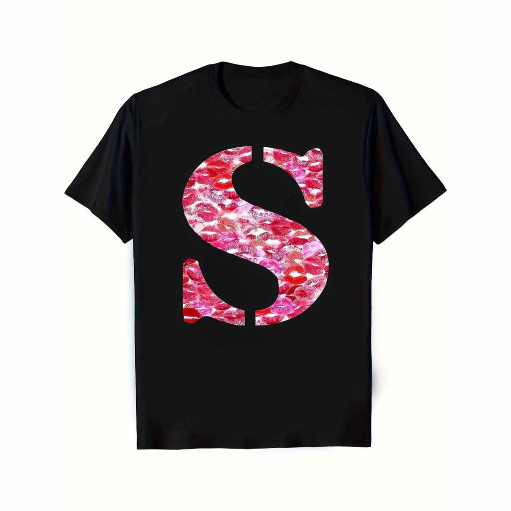 Black Tee Featuring a Prominent Letter S And a Pink Lipstick Kiss Design - a Casual Short-Slee