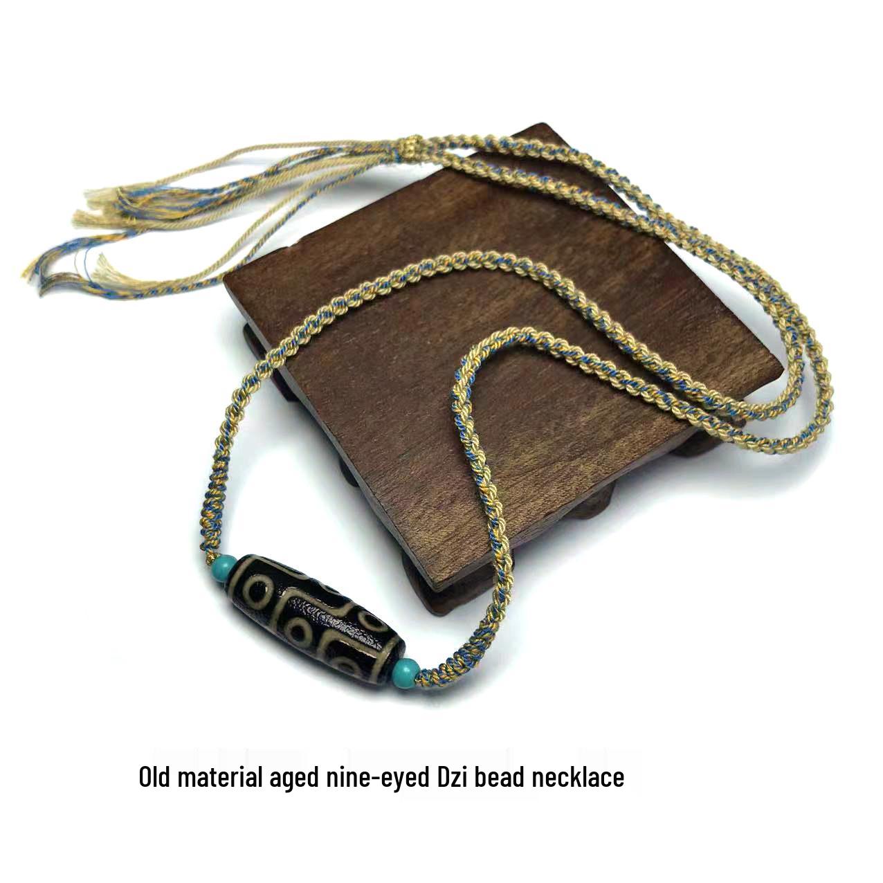 High-Quality Nine-Eyed Dzi Bead Necklace with Cotton Cord Lanyard and Vintage Agate Bead