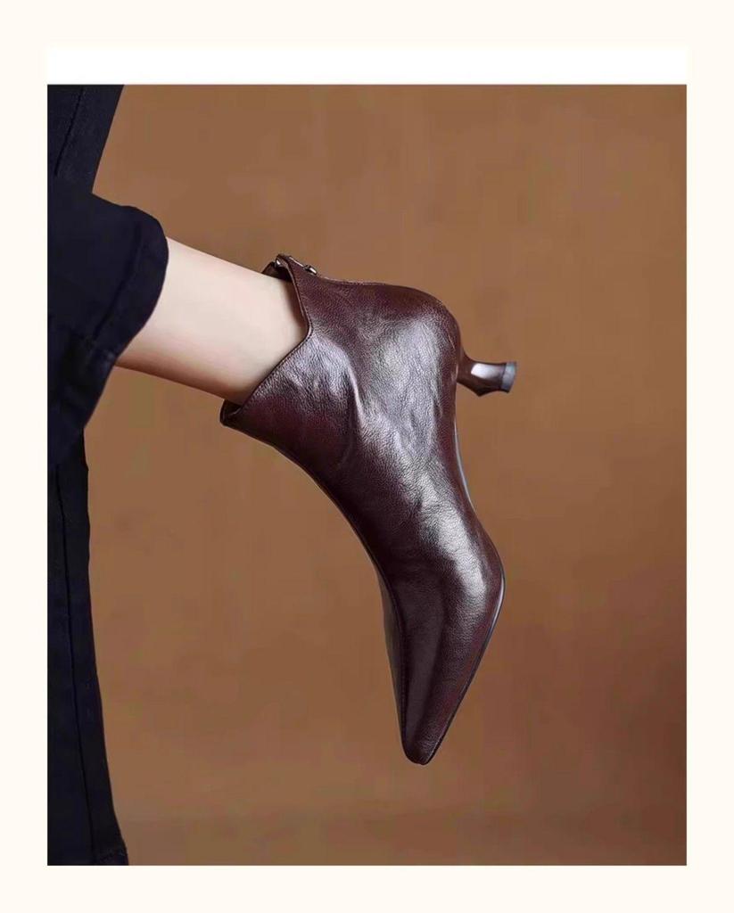 Women's V-Cut Stiletto Heel Ankle Boots, Pointed Toe, Fleece-Lined, Back Zipper - 2025 Autumn/Winter Collection.