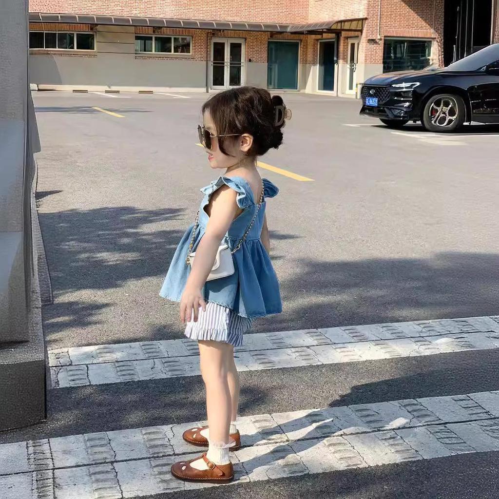 Summer 2024 Denim Vest and Puff Sleeve Camisole Top Set for Girls - Korean Children's Vertical Striped Shorts Collection