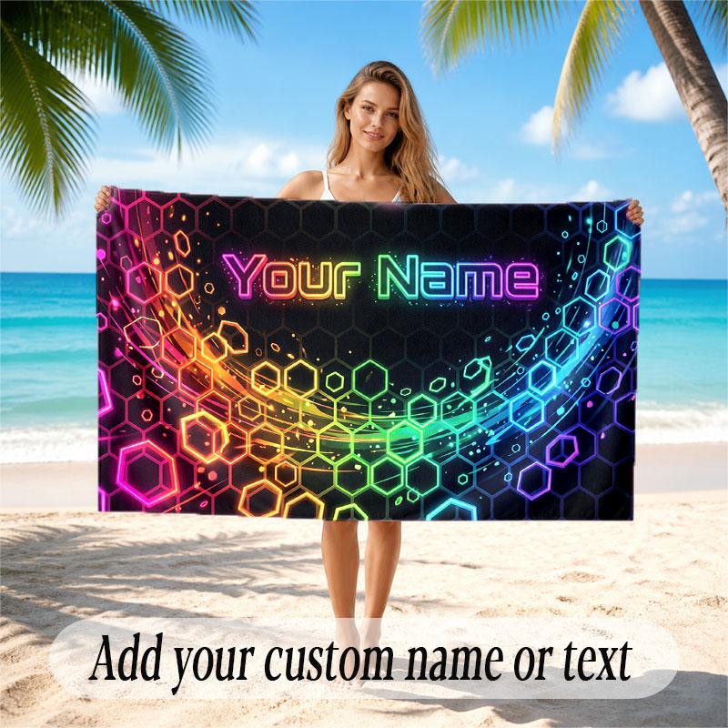Abstract Geometric Theme Soft Beach Towel Personalized Custom Name Text Towel Portable for Beach Pool Travel