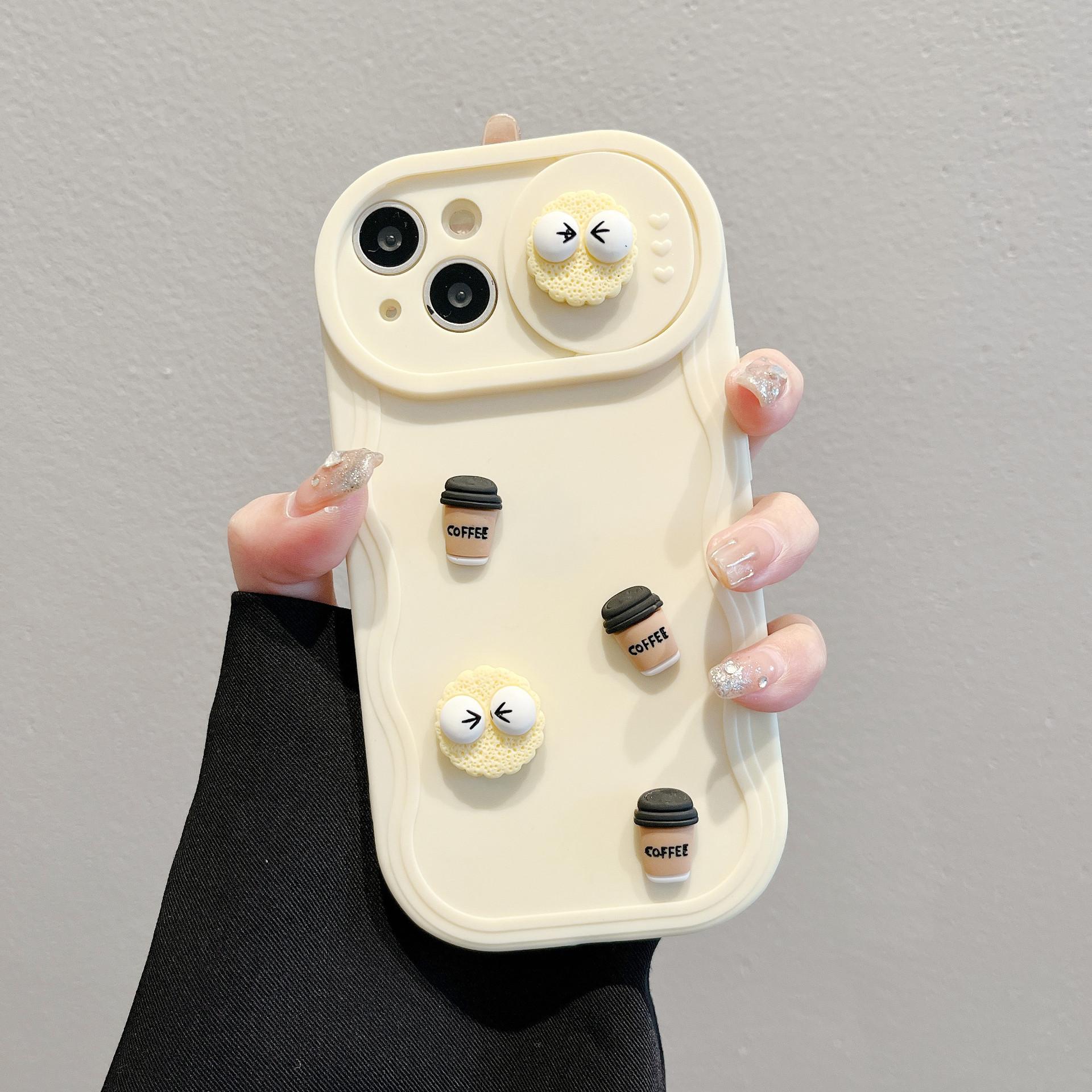 

Подходит для iPhone15PRO Чехол для мобильного телефона с выдвижным окошком в виде угольного шара Apple 16 Трехмерный Кофейный 14 Волнистый Мультяшный Защитный Чехол Apple 12