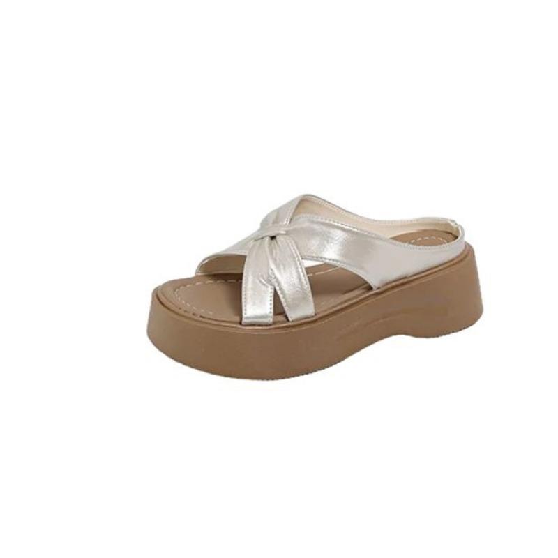 Thick-bottomed cool slippers for women's summer wear, new cross-strapped flat-bottomed high-end skirt one-word slippers