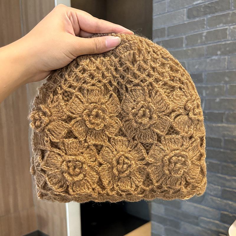 Versatile Handmade Crochet Hat Women's Spring and Autumn New Knitted Wool Hat Big Head Circumference Hollow Bag Head Hat