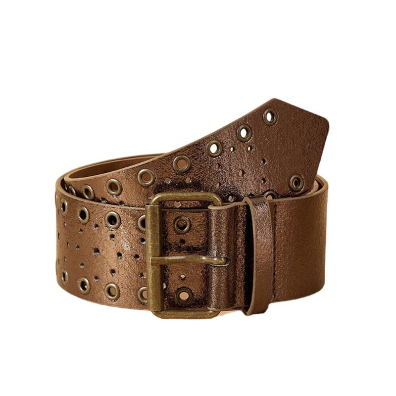 

Кожаный ремень с двойными отверстиями и заклепками, джинсовый пояс, хип-хоп стиль, пояс на талию для мужчин и женщин 1