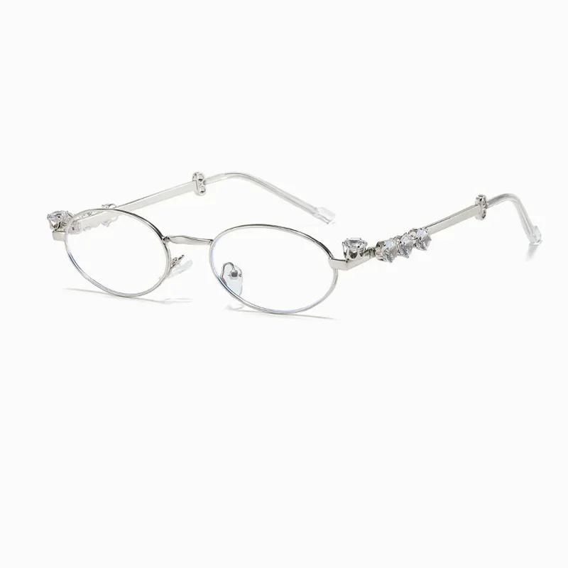 Damen Punk Retro Silber Blaulichtfilter Brille Strass Edelstahl Oval Rahmen Brille Mädchen Lesen am Meer Brille