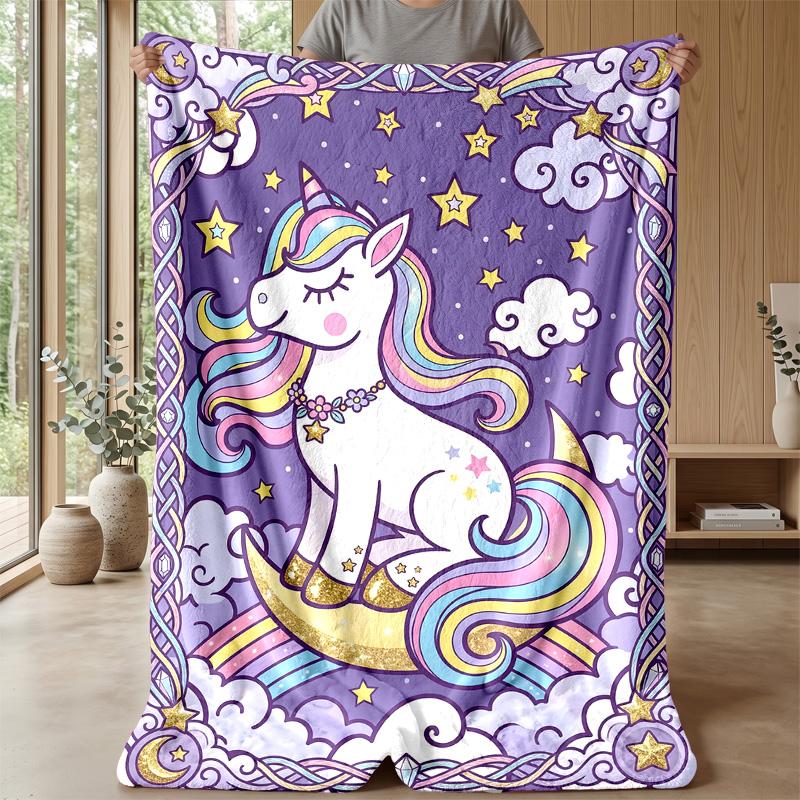 Magical Unicorn in Starry Garden Theme blanket Lightweight Warm Flannel Blanket Decorative Throw Blanket for Home Decoration