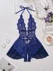 New Erotic Crotchless Lingerie Date Teddies Bodysuit Lace Up Halter Deep V Babydoll Dress Sexy Backless Hollow Out Porn Costume