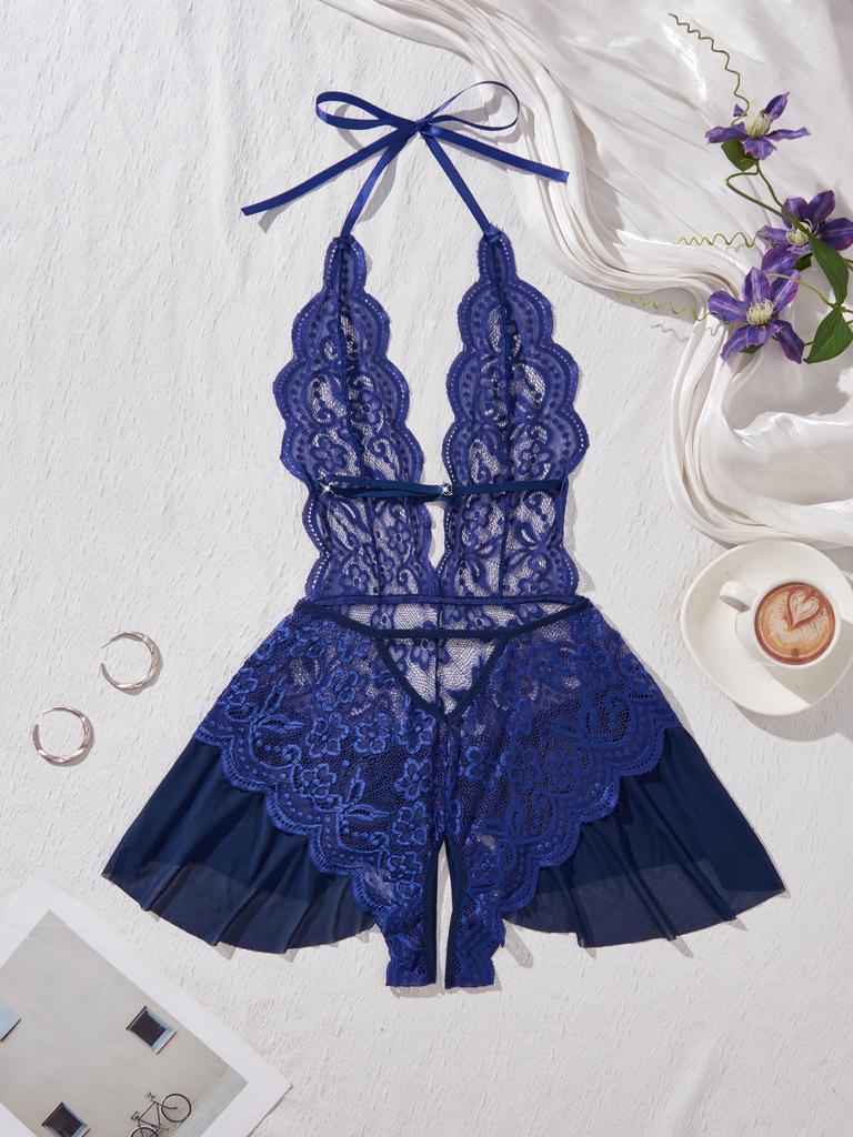 New Erotic Crotchless Lingerie Date Teddies Bodysuit Lace Up Halter Deep V Babydoll Dress Sexy Backless Hollow Out Porn Costume