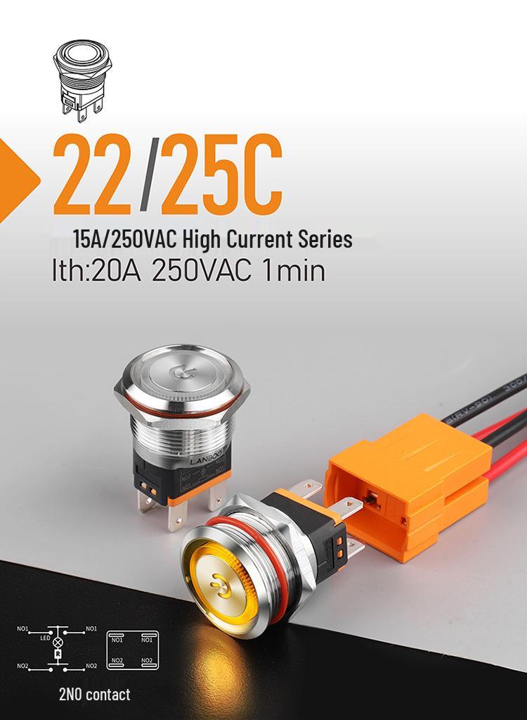 Blue Wave 22C Metal High Current 20A Waterproof Stainless Steel Button Switch with Light