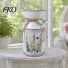 Farmhouse Decor Vase Vintage Iron Flower Bucket, Rustic White Double-Handle Metal with Floral Print & Jute Dried Holder Bow, Tabletop for