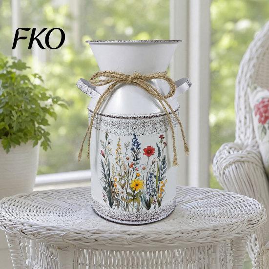 Farmhouse Decor Vase Vintage Iron Flower Bucket, Rustic White Double-Handle Metal with Floral Print & Jute Dried Holder Bow, Tabletop for