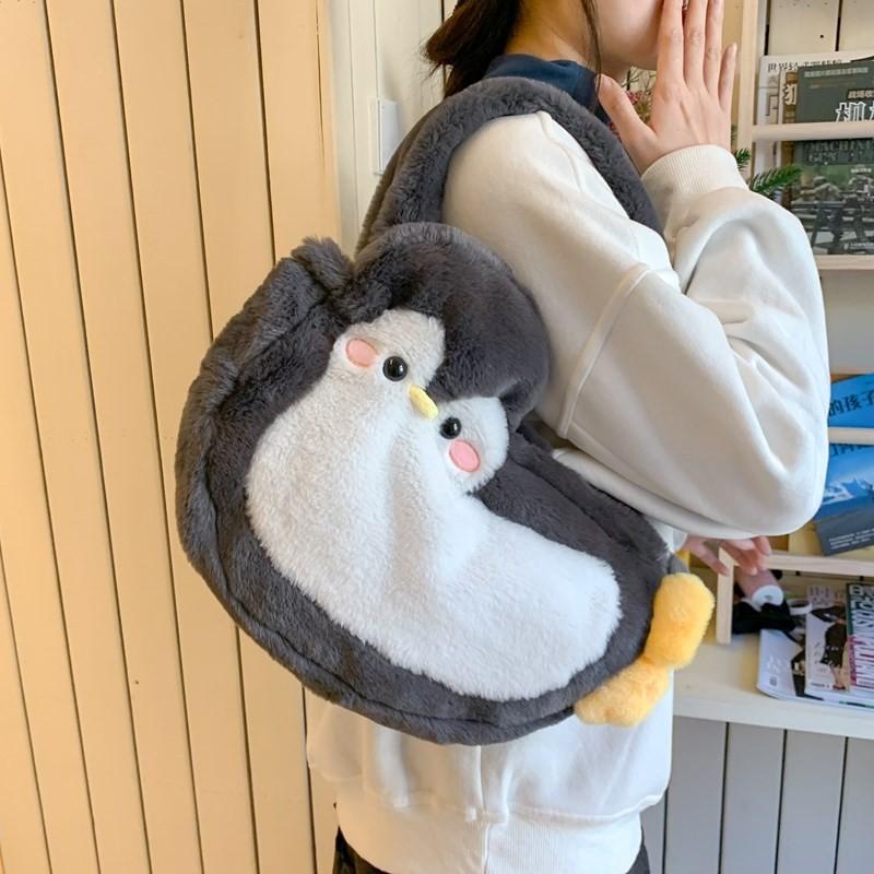 Soft Faux Fur Penguin Shoulder Bag With Magic Tape Closure For Casual Outings