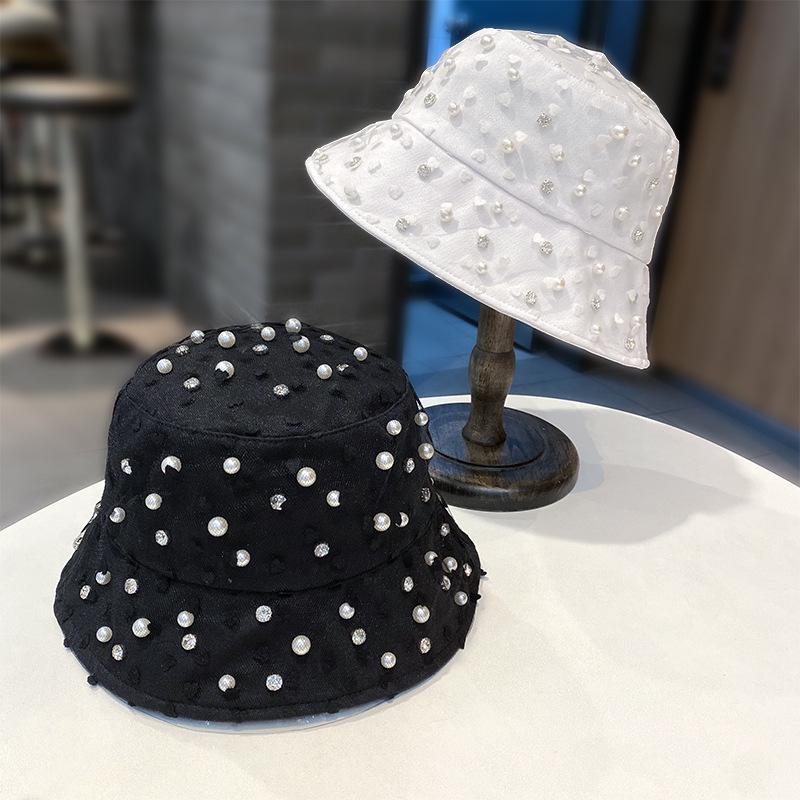 Full Diamond Pearl Thin Fisherman Hat Children Summer Outdoor Sunshade Sun Protection Hat Ins Wind Beach Travel Basin Hat