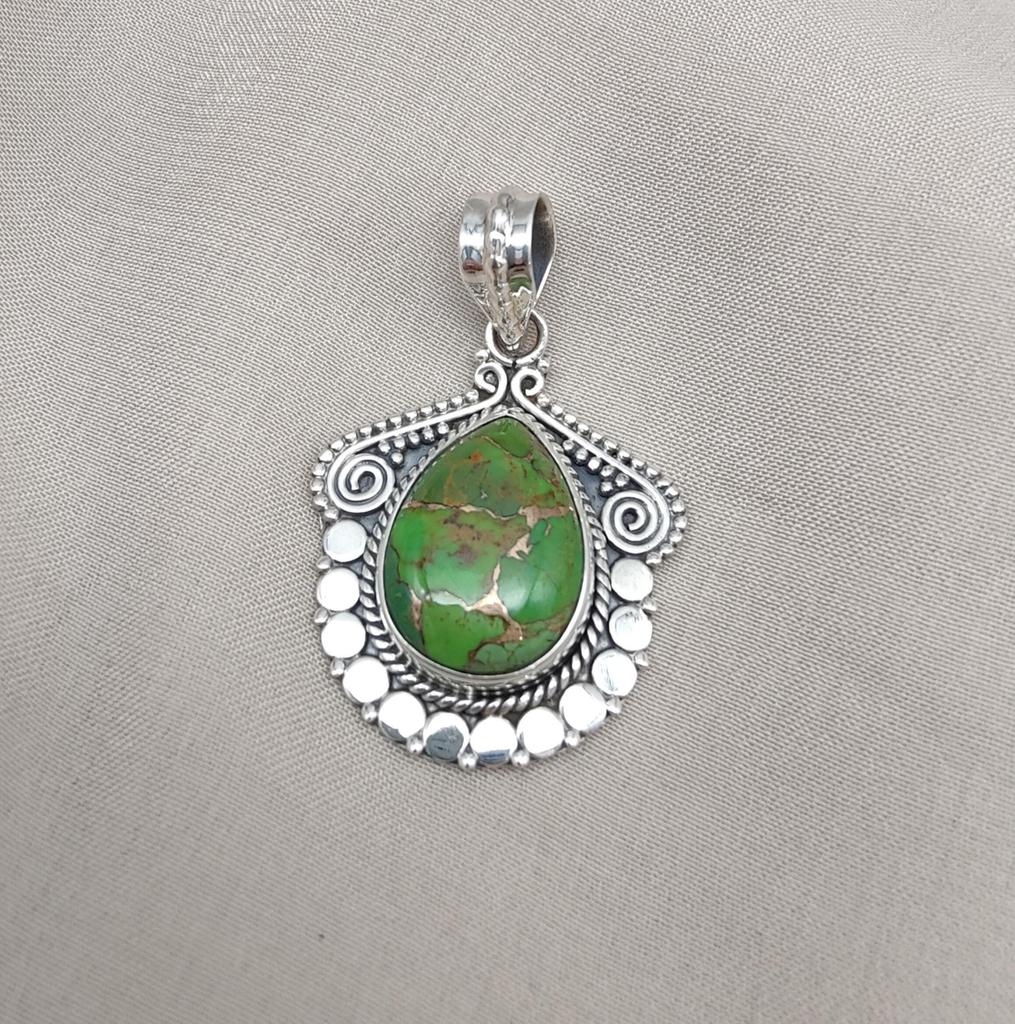 Green Copper Turquoise Pendant Necklace: 925 Sterling Silver Boho Jewelry