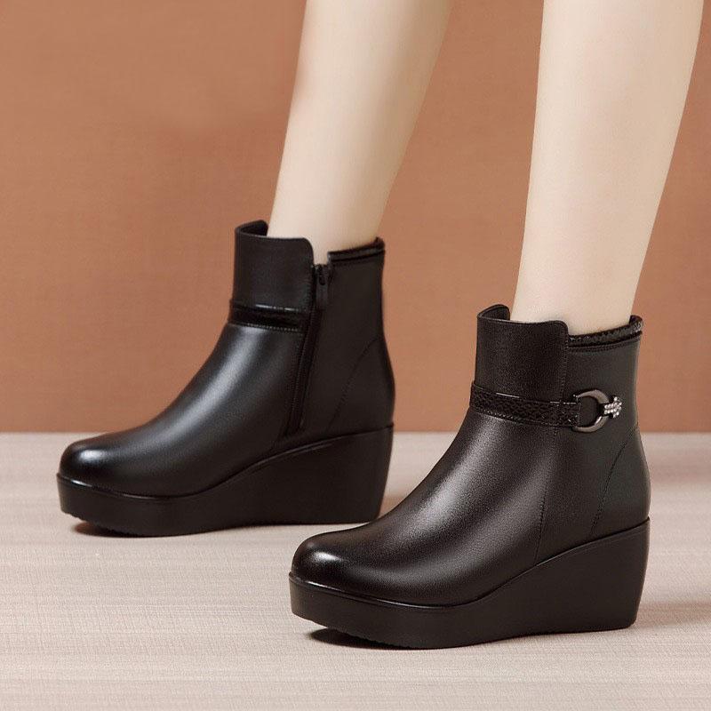 Small Size 32-43 Medium Heel Platform Wedges Boots Women Shoes Fall Winter 2024 Short Ankle Boots Soft Leather Botas Plush